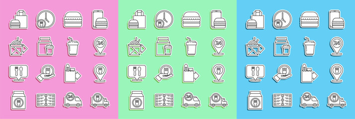 Set line Fast delivery by car, Cafe and restaurant location, Round the clock, Burger, Online ordering, noodles, burger and Coffee cup to go icon. Vector