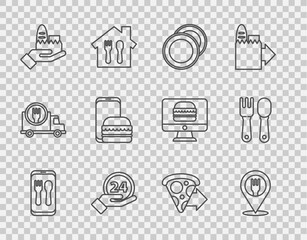 Set line Online ordering and delivery, Cafe restaurant location, Plate, Clock 24 hours, pizza and Fork spoon icon. Vector