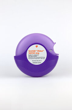 Illustrative Editorial of Seretide Diskus on soft white background. A bronchial inhaler used to help prevent and maintain symptoms of asthma and COPD