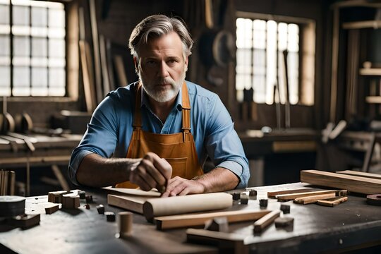 Male carpenter in wood shop. Generative AI