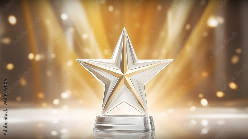 Wall mural award ceremony background and 3d gold luxury star element on the podium and glitter light effects de