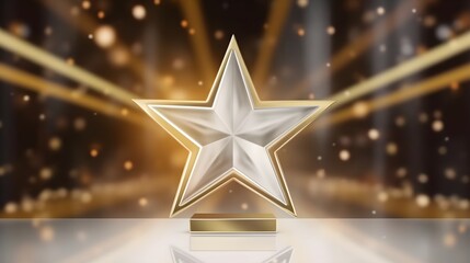 Award ceremony background and 3d gold luxury star element on the podium and glitter light effects decorations and bokeh, created with Generative AI technology.