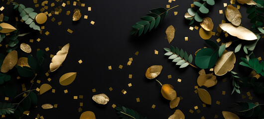 Fototapeta na wymiar Holidays mockup with golden leaves, confetti on black. Top view. flat lay. Celebration background with copy space.Generative ai