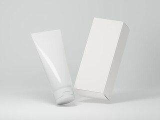 Floating and rotated white glossy cosmetic tube mockup with packaging box with blank space for logo on a plain white background as 3d rendering.