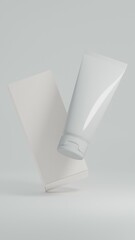 Floating glossy cosmetic product mockup with packaging box with blank space for logo on a plain white background as 3d rendering.
