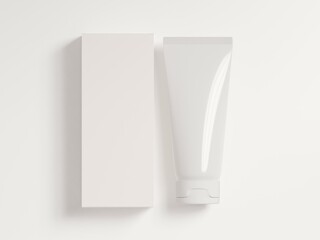 Realistic white glossy cosmetic tube mockup with packaging box as a flatlay with copy space for logo, text or design on a plain white background as 3d rendering.