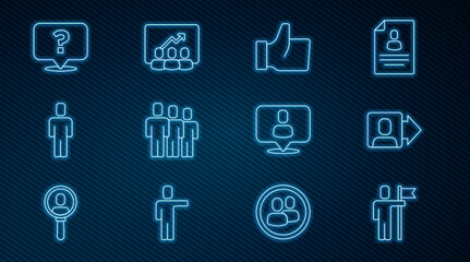 Set line Team leader, Hand like, Users group, Head hunting, Question mark, and Project team base icon. Vector