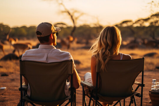 Fototapeta A couple sitting on camp chairs on safari impala in the distance sunset golden 