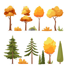 Autumn forest tree and green bush. Vector set of vegetation bushes, garden grass and pine trees. Cartoon icon for landscape park, backyard. Summer or fall plant, shrub with branches and leaves