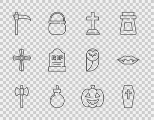Set line Wooden axe, Coffin with cross, Tombstone, Bomb ready explode, Scythe, RIP written, Pumpkin and Vampire teeth icon. Vector