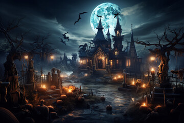 a Halloween graveyard scene with tombstones, skeletons, and eerie moonlight Generative AI