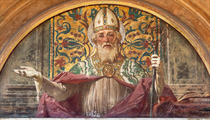 BIELLA, ITALY - JULY 15, 2022: The fresco of St. Augustine in the church Chiesa di San Sebastiano by unknown artist.