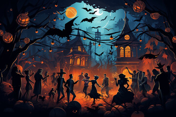 a Halloween party with people dancing, playing games, and enjoying the festivities in their costumes Generative AI