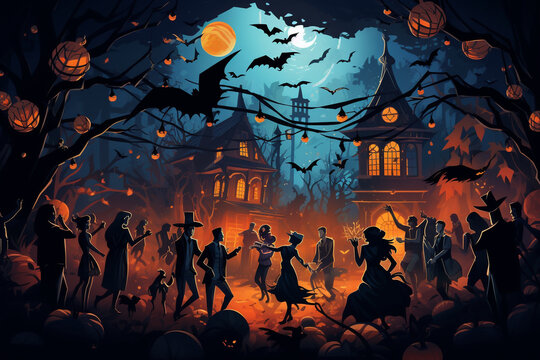a Halloween party with people dancing, playing games, and enjoying the festivities in their costumes Generative AI