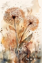 Dandelions in pastel colors watercolor style light beige autumn tones and shades drawing painted with paints abstract nature illustration