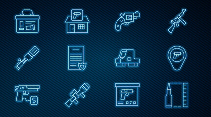 Set line Bullet, Location with weapon, Small gun revolver, Firearms license certificate, Anti-tank hand grenade, Military ammunition box, Collimator sight and Hunting shop icon. Vector