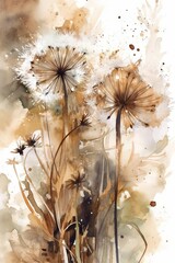 Dandelions in pastel colors watercolor style light beige autumn tones and shades drawing painted with paints abstract nature illustration