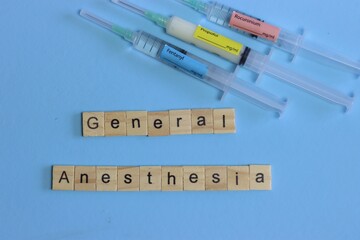 Syringes with opioid, analgesic and neuromuscular blocker in a light blue background and words...