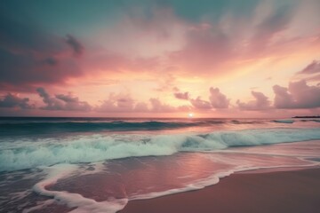 Closeup sea sand beach. Panoramic beach landscape. Inspire tropical beach seascape. Pink and blue sunset sky calmness tranquil relaxing sunlight summer mood. Vacation travel holiday banner