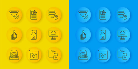 Set line Hangar with servers, Data export, Cloud technology data transfer, Folder and lock, Filter setting, Server gear and File document icon. Vector