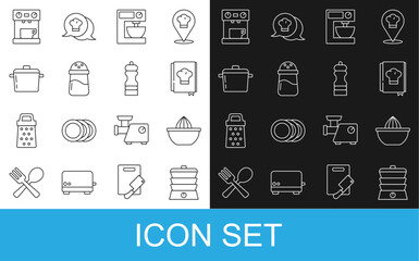 Set line Slow cooker, Citrus fruit juicer, Cookbook, Electric mixer, Salt, Cooking pot, Coffee machine and Pepper icon. Vector