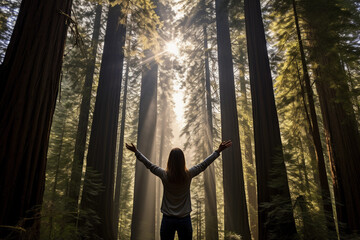 Deep into an ancient redwood forest, a woman standing tall, stretching her arms towards the sky, mimicking the towering trees around her, soft ambient light