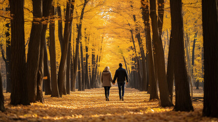 Ancient forest in autumn, thick carpet of orange and yellow leaves, a couple holding hands, walking slowly, focusing on each breath - Powered by Adobe