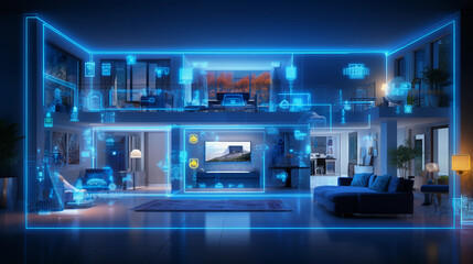 Cybernetic vision of home automation, showcasing smart appliances, interconnected grid layout, holographic style - obrazy, fototapety, plakaty