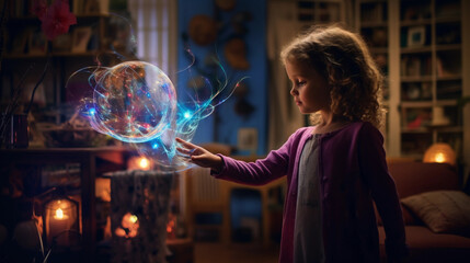 Naklejka premium child controlling home automation with a magic wand, fantasy style, vibrant colors, whimsical, soft focus, shot with a medium format camera