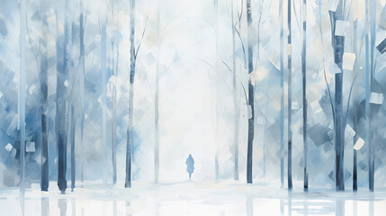 Winter forest bathing, surrealistic white forest, figure standing alone, snow - covered trees, silent serenity, white and blue palette, minimalistic, a blend of abstract expressionism and cubism, digi