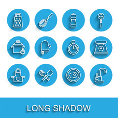 Set line Kitchen apron, Crossed fork and spoon, Grater, Scrambled eggs, Water tap, Oven glove, Scales and Stopwatch icon. Vector