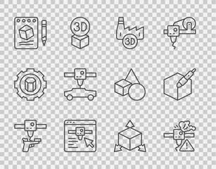 Set line 3D printer gun, warning, Printing house industry, setting, Sketch on paper, car, Isometric cube and 3d pen tool icon. Vector