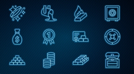 Set line Antique treasure chest, Safe, Molten gold being poured, Medal, Old money bag, Gold ring, bars with certificate and icon. Vector