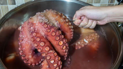 Boiled octopus marinated with various herbs and bay leaves in a large pot © Arda ALTAY