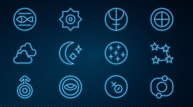 Set line Solar system, Star constellation zodiac, Neptune planet, Moon and stars, Cloudy weather, Pisces, Full moon and Falling icon. Vector