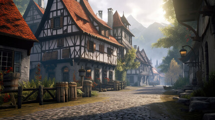 An illustration of a german middleage village with half-timbered houses and cobblestones.