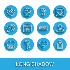 Set line Heart, Key in heart shape, Perfume, Calendar with February 14, Romantic man and Love text icon. Vector