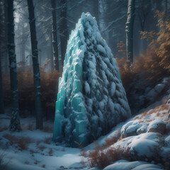 A majestic snow-covered tree stands tall in the heart of a serene forest, painting a picture of winter wonderland.