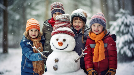 Fototapeta na wymiar A group of children happily decorated a snowman with colorful scarves, hats and accessories. Snowman and children during christmas winter