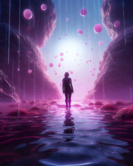 Silhouette of a woman on the background of a beautiful purple fantasy world. The concept of knowing the unknown. Magic evening calming scene. Strange luminous substances, calm expanse of the lake.