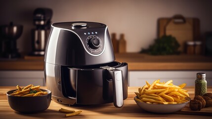 Modern electric machine with French fries on the table in the kitchen