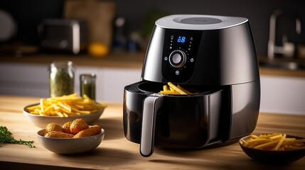 Modern electric machine with French fries on the table in the kitchen