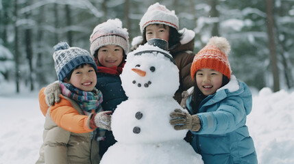 Fototapeta na wymiar A group of children happily decorated a snowman with colorful scarves, hats and accessories. Snowman and children during christmas winter