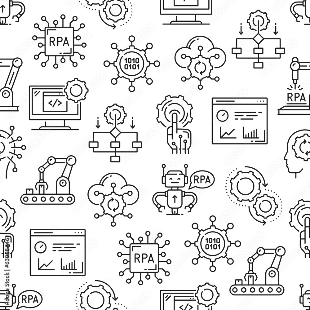 Aufkleber RPA seamless pattern. Robotic process automation, business management and improvement technology outline vector seamless background or wallpaper with robotic hands, computer chip and conveyor belt