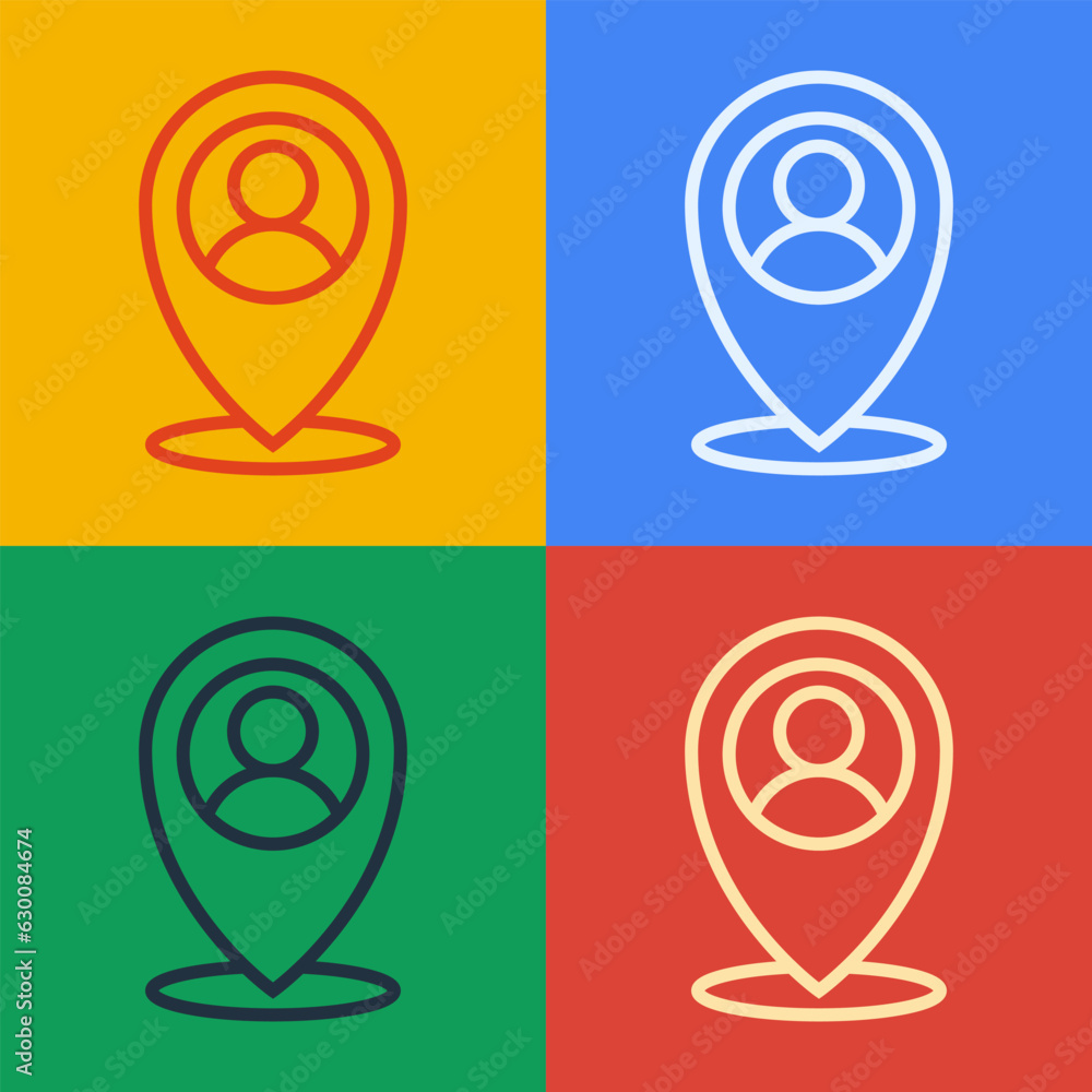 Poster pop art line map marker with a silhouette of a person icon isolated on color background. gps locatio