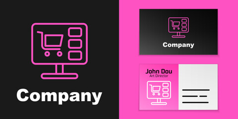 Pink line Shopping cart on screen computer icon isolated on black background. Concept e-commerce, e-business, online business marketing. Logo design template element. Vector