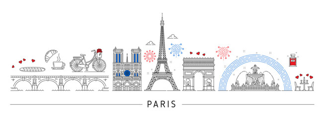 Paris silhouette and France travel landmarks in skyline, vector city architecture. France famous symbols and Paris buildings of Eiffel tower, Triumphal arch and Notre-Dame cathedral with baguette - obrazy, fototapety, plakaty