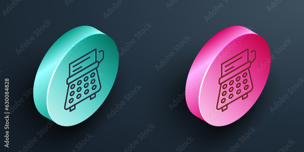 Poster isometric line retro typewriter and paper sheet icon isolated on black background. turquoise and pin