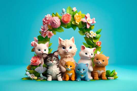 Children's greeting card template with cute cartoon kittens and puppies in flower frame isolated on blue background