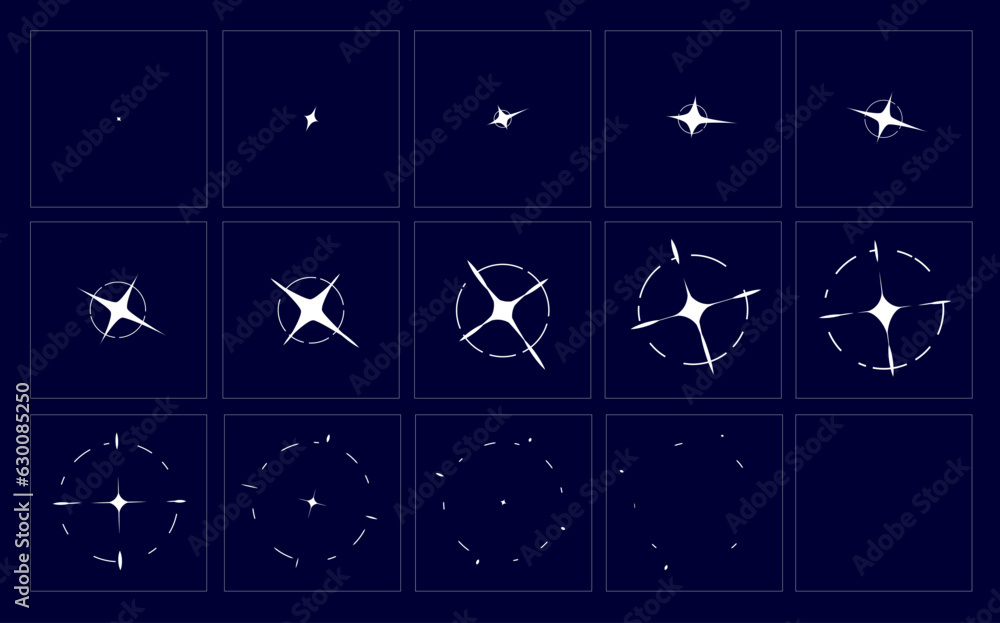 Poster animated shine effect, animation of blast fx game sprite. vector star sparkles, 2d magic flash or gl